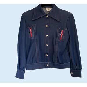 VTG Blue Knit Denim-look 70s jacket top pink accent zippers Med